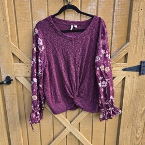 Cato Burgundy Floral Sleeve Knot Front Blouse